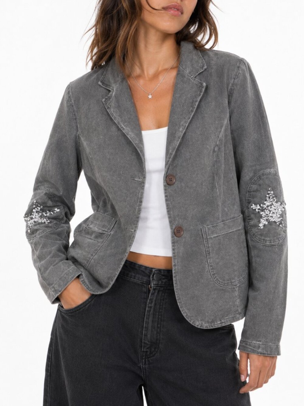 Frederick Ian Grey Blazer Sequin Star Elbows Large